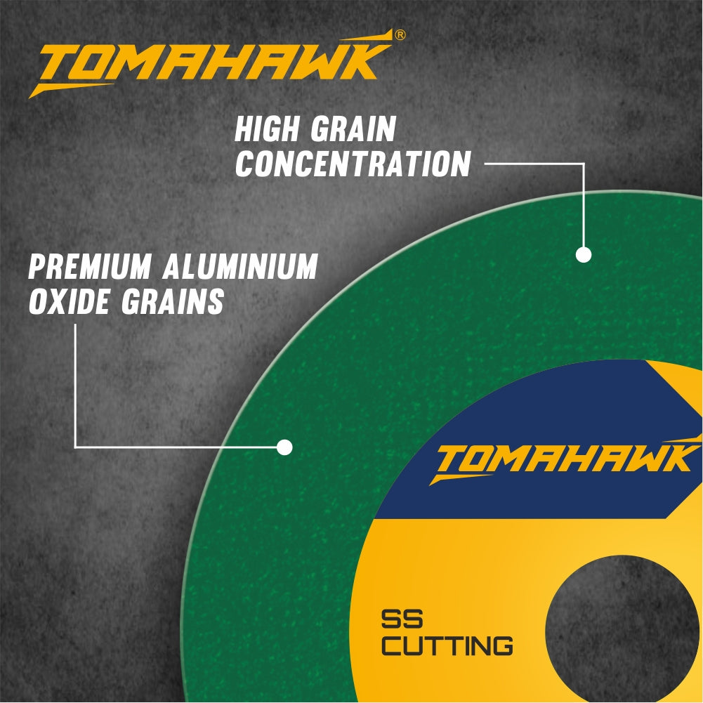 TOMAHAWK 14" Cutting Wheel for Metal and Stainless Steel, Pack of 10 pcs. The best all-round cutting wheels engineered for general use on metal.  Contains a single sheet of fiberglass net to expedite cutting. HIgh aluminium-oxide grain concentration ensures smooth and burr-free cutting. Special bond ensures durablity and long life. Compatible with 14 inch chop saws. Dimensions: 350x2.8x25.4mm Max. RPM: 4,400
