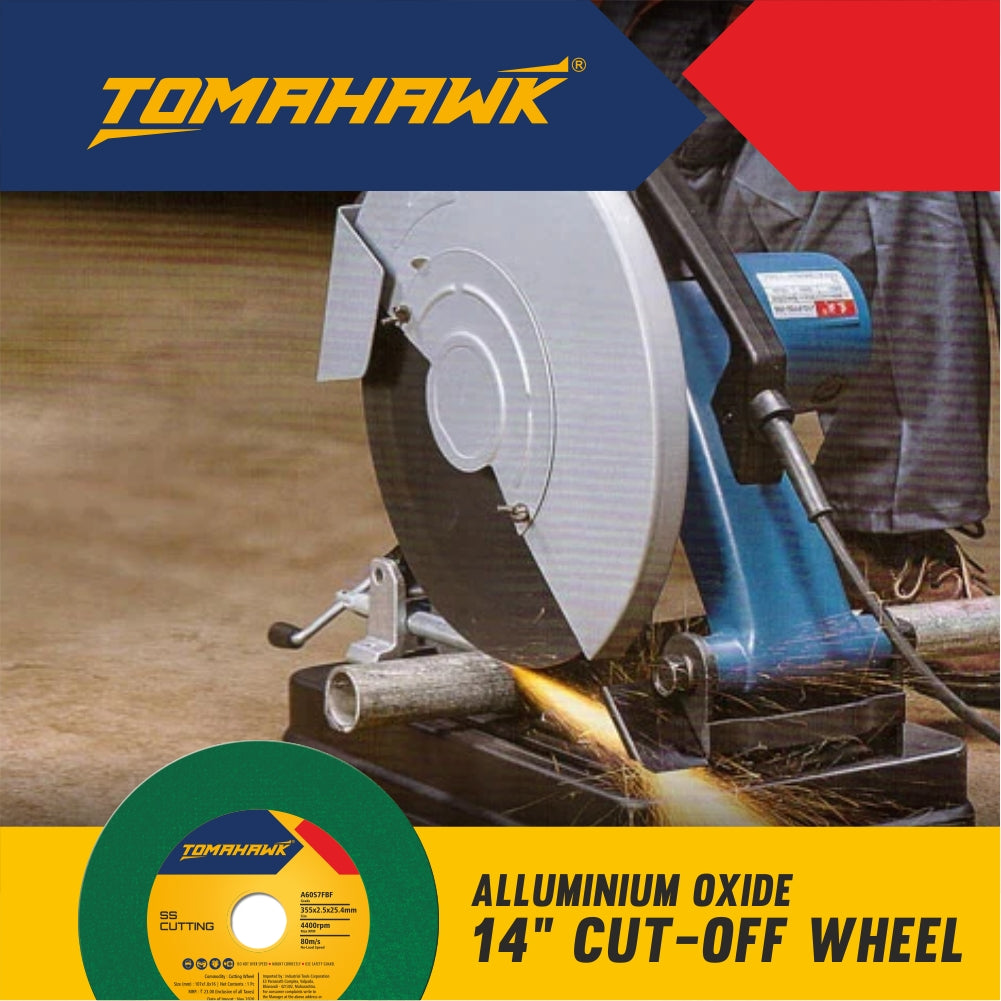 TOMAHAWK 14" Cutting Wheel for Metal and Stainless Steel, Pack of 10 pcs. The best all-round cutting wheels engineered for general use on metal.  Contains a single sheet of fiberglass net to expedite cutting. HIgh aluminium-oxide grain concentration ensures smooth and burr-free cutting. Special bond ensures durablity and long life. Compatible with 14 inch chop saws. Dimensions: 350x2.8x25.4mm Max. RPM: 4,400